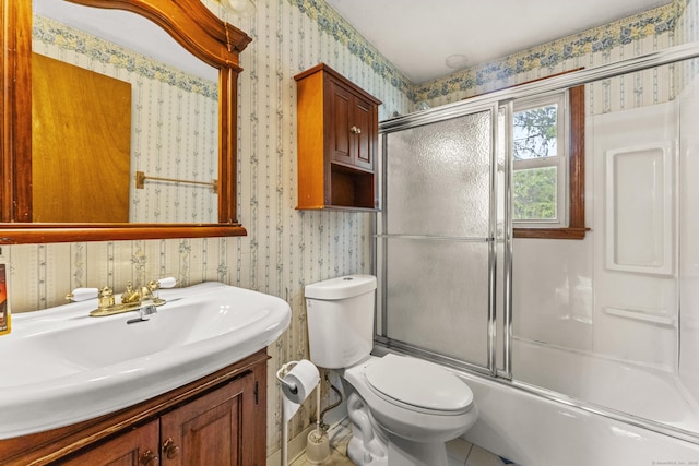 130 Jefferson Ln, East Hartford, CT 06118 - bathroom featuring wallpapered walls, vanity, toilet, and enclosed tub / shower combo