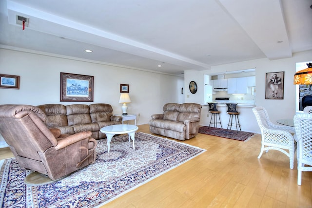 26 Cove Ave Apt 3B, Norwalk, CT 06855 - living room featuring light wood-style flooring, beamed ceiling, and recessed lighting