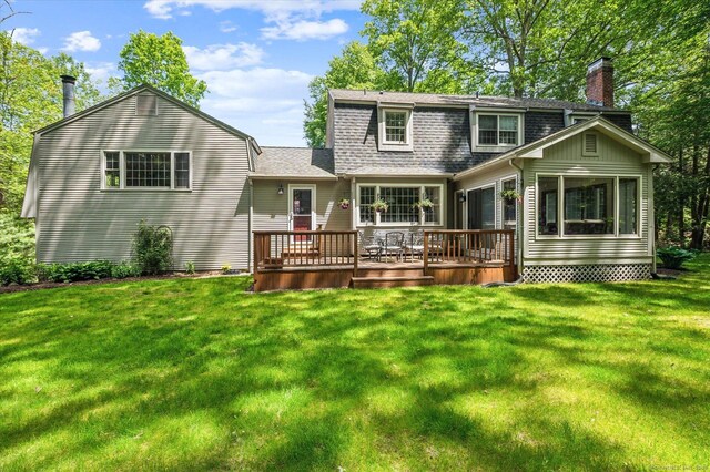 33 Cold Spring Rd, Avon, CT 06001 - back of property with a chimney, a wooden deck, a shingled roof, and a yard