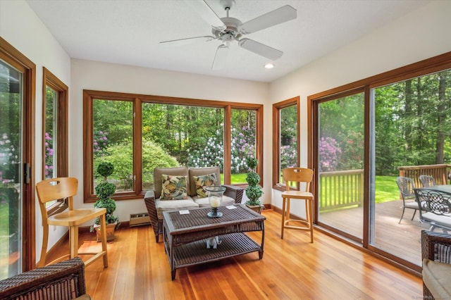 33 Cold Spring Rd, Avon, CT 06001 - sunroom / solarium featuring ceiling fan, a deck, hardwood / wood-style floors, a baseboard heating unit, and recessed lighting