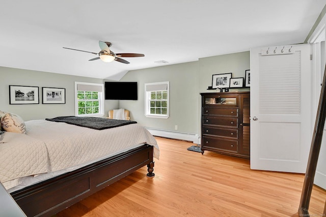 15 Stony Cors, Avon, CT 06001 - bedroom with a baseboard radiator, light wood-style floors, lofted ceiling, and ceiling fan