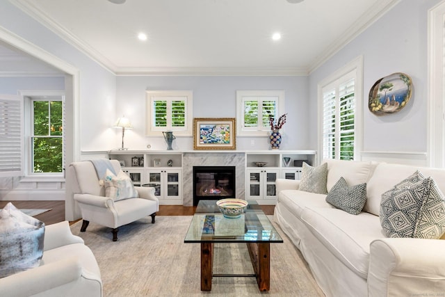 5 Oakleigh Ct, Norwalk, CT 06853 - living room with crown molding, wood finished floors, recessed lighting, and a premium fireplace
