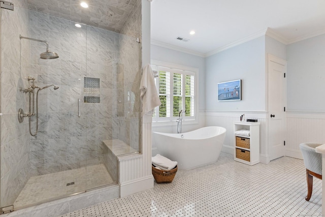 5 Oakleigh Ct, Norwalk, CT 06853 - full bathroom with a soaking tub, a tile shower, wainscoting, crown molding, and recessed lighting