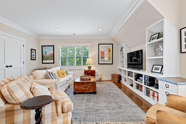 5 Oakleigh Ct, Norwalk, CT 06853 - living room featuring dark wood-style floors, crown molding, baseboards, built in features, and recessed lighting