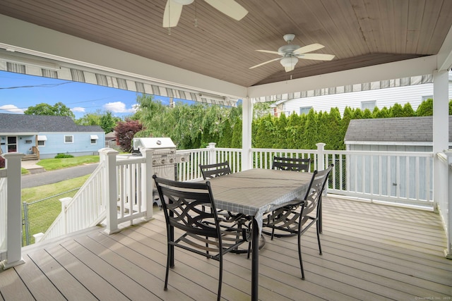 8 Lindsley St, Waterbury, CT 06708 - wooden terrace with outdoor dining area, a ceiling fan, and area for grilling