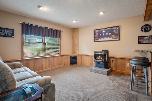 8 Lindsley St, Waterbury, CT 06708 - carpeted living area with a wood stove, a wainscoted wall, a textured ceiling, wood walls, and recessed lighting