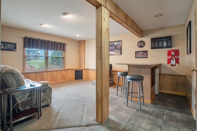 8 Lindsley St, Waterbury, CT 06708 - indoor dry bar with carpet flooring, wainscoting, wooden walls, decorative columns, and a textured ceiling