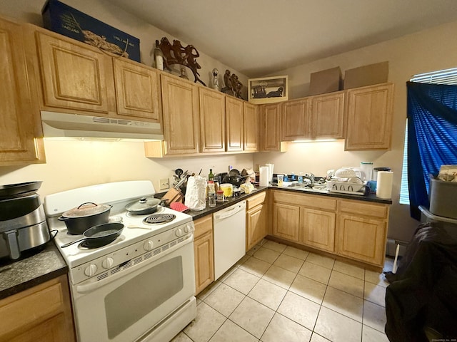 54 Edgewood St Unit A, Hartford, CT 06112 - kitchen featuring white appliances, under cabinet range hood, dark countertops, and light brown cabinetry