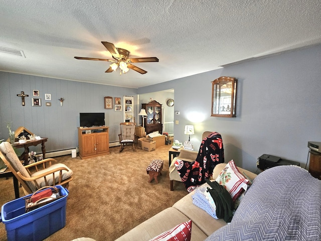 100 Morin Ave, Killingly, CT 06239 - carpeted living room featuring a ceiling fan, a baseboard radiator, and a textured ceiling