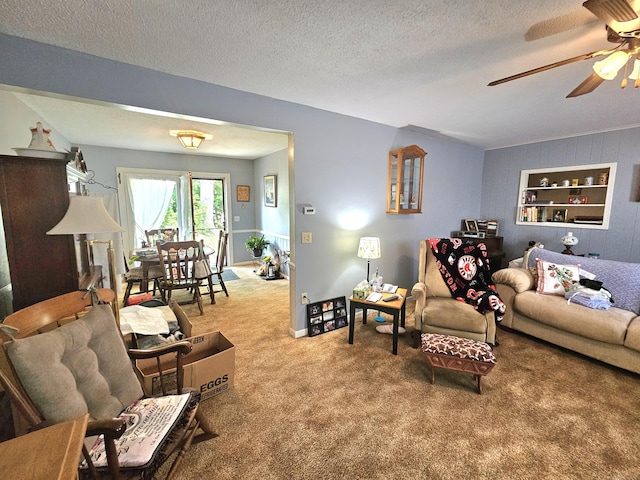100 Morin Ave, Killingly, CT 06239 - living room with carpet, a ceiling fan, and a textured ceiling