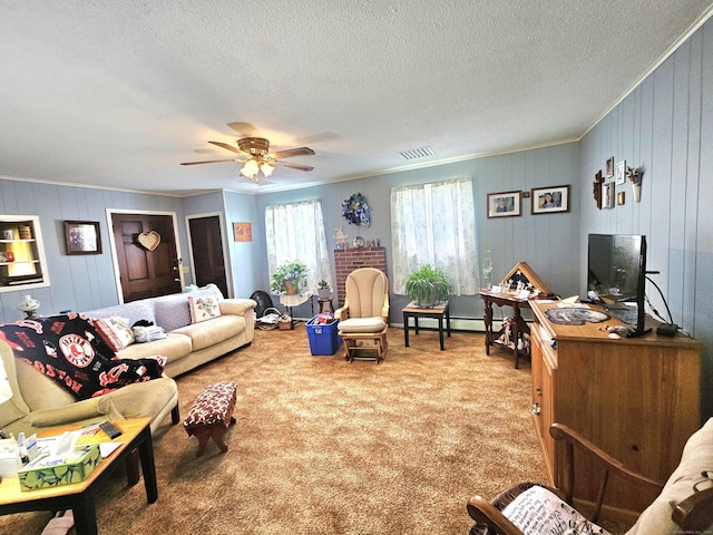 100 Morin Ave, Killingly, CT 06239 - living room with crown molding, carpet, a ceiling fan, and a textured ceiling