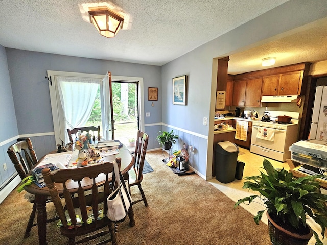 100 Morin Ave, Killingly, CT 06239 - dining area with light carpet, a wainscoted wall, and a textured ceiling