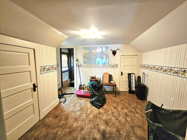 100 Morin Ave, Killingly, CT 06239 - exercise room featuring carpet, vaulted ceiling, a textured ceiling, and wallpapered walls
