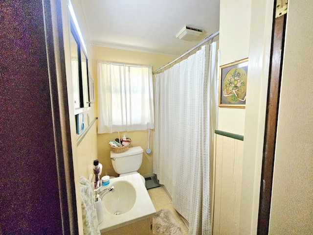 100 Morin Ave, Killingly, CT 06239 - bathroom with toilet, vanity, a shower with shower curtain, and tile patterned flooring