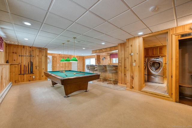 169 Dunn Rd, Coventry, CT 06238 - playroom featuring wooden walls, carpet, billiards table, bar area, and recessed lighting