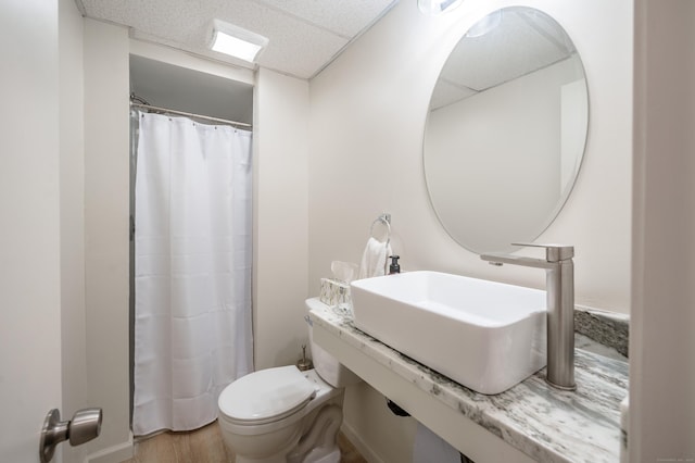 211 Brainard Rd, Enfield, CT 06082 - full bath with toilet, a drop ceiling, a sink, curtained shower, and wood finished floors