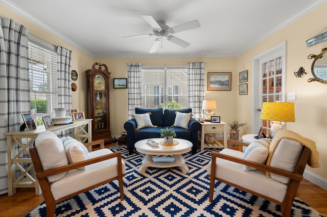 26 Parkway S, New London, CT 06320 - living room with crown molding, a ceiling fan, and baseboards