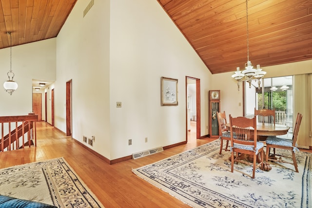 30 Bartling Dr, Easton, CT 06612 - dining space featuring a chandelier, wooden ceiling, high vaulted ceiling, light wood finished floors, and baseboards