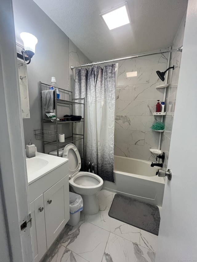 19 Fairmont Ave, New Haven, CT 06513 - full bathroom featuring a textured ceiling, shower / bath combo, vanity, and marble look tiles