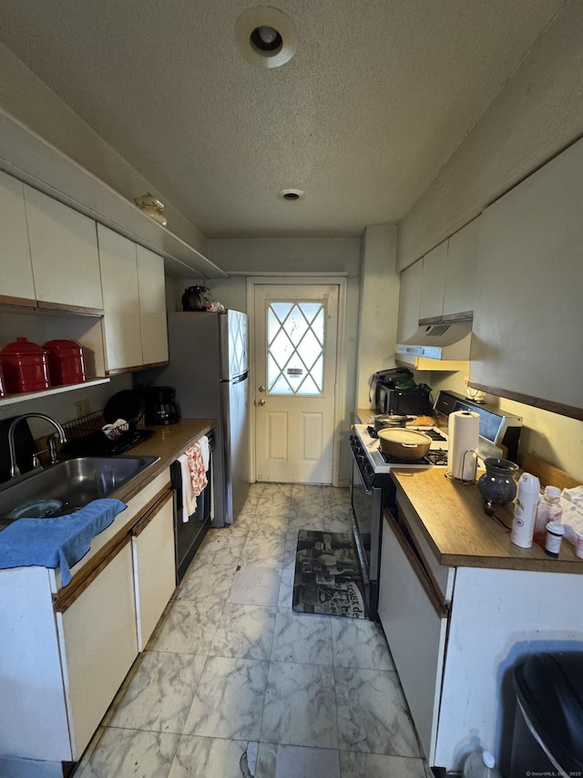 19 Fairmont Ave, New Haven, CT 06513 - kitchen with ventilation hood, black appliances, white cabinetry, a textured ceiling, and light marble finish floors