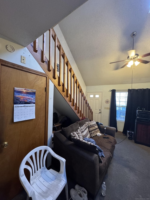 19 Fairmont Ave, New Haven, CT 06513 - carpeted living room featuring stairway, a ceiling fan, and a textured ceiling
