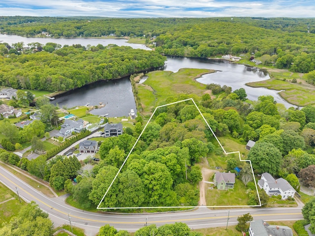 187 Whitehall Ave, Stonington, CT 06355 - aerial view of property's location with a forest, a nearby body of water, and property boundaries highlighted