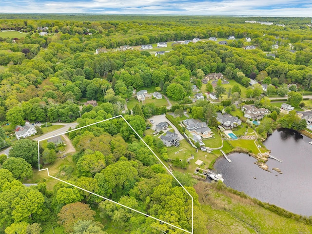 187 Whitehall Ave, Stonington, CT 06355 - aerial view of property and surrounding area with a forest, property boundaries highlighted, and a nearby body of water
