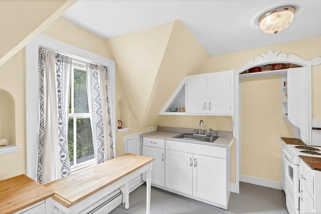 187 Whitehall Ave, Stonington, CT 06355 - kitchen featuring white range with electric stovetop, a sink, open shelves, white cabinets, and lofted ceiling