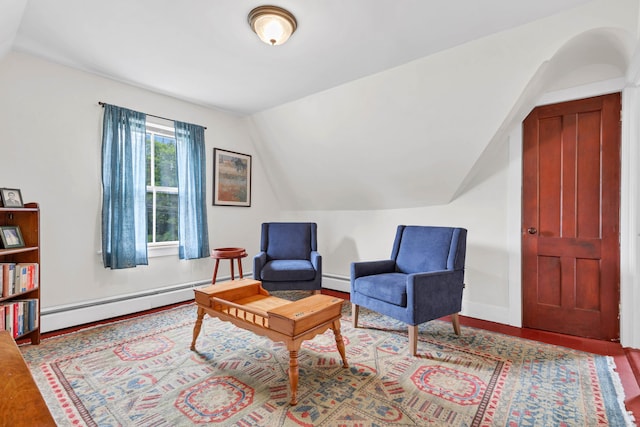 187 Whitehall Ave, Stonington, CT 06355 - living area featuring vaulted ceiling, a baseboard radiator, wood finished floors, and baseboards