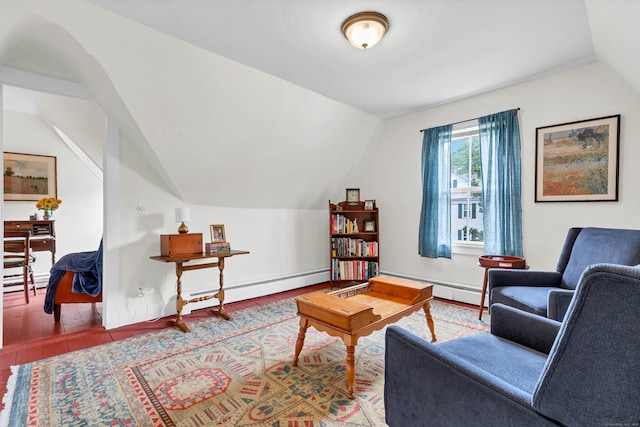 187 Whitehall Ave, Stonington, CT 06355 - living area featuring vaulted ceiling, a baseboard heating unit, wood finished floors, baseboards, and baseboard heating