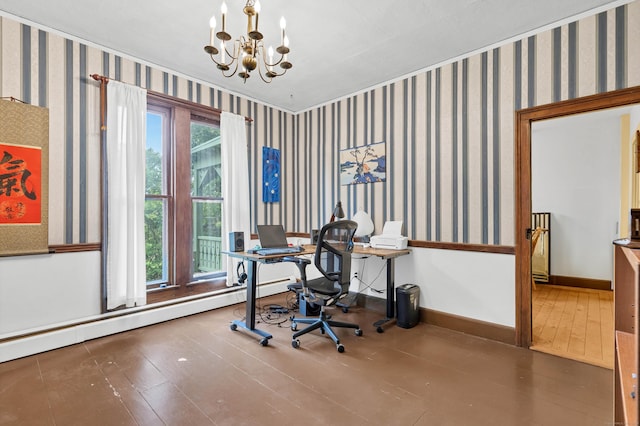 187 Whitehall Ave, Stonington, CT 06355 - home office featuring a chandelier, baseboards, wood finished floors, and wallpapered walls