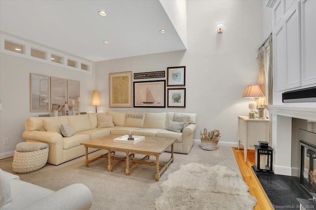2 Lake Louise Dr, Westbrook, CT 06498 - living area with baseboards, recessed lighting, wood finished floors, and a large fireplace