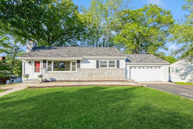 20 Karen Rd, Danbury, CT 06811 - view of front of property with stone siding, driveway, a front lawn, an attached garage, and a chimney