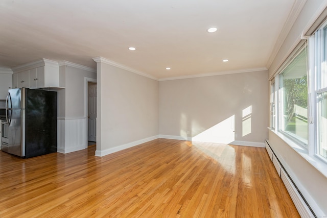 20 Karen Rd, Danbury, CT 06811 - unfurnished living room with baseboard heating, light wood-style flooring, recessed lighting, and ornamental molding