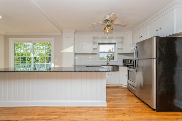 20 Karen Rd, Danbury, CT 06811 - kitchen featuring appliances with stainless steel finishes, open shelves, light wood-style flooring, white cabinetry, and ceiling fan