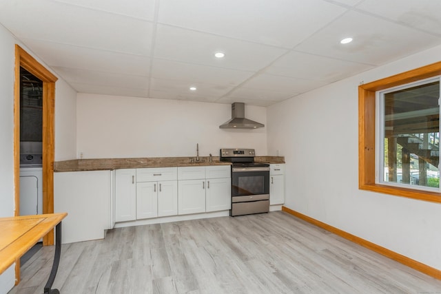20 Karen Rd, Danbury, CT 06811 - kitchen with stainless steel range with electric cooktop, wall chimney range hood, white cabinets, light wood-style floors, and recessed lighting