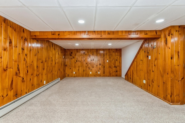 20 Karen Rd, Danbury, CT 06811 - finished below grade area with a baseboard radiator, carpet flooring, wood walls, and recessed lighting
