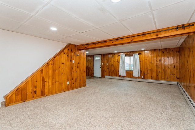 20 Karen Rd, Danbury, CT 06811 - below grade area with carpet, wood walls, recessed lighting, and baseboard heating