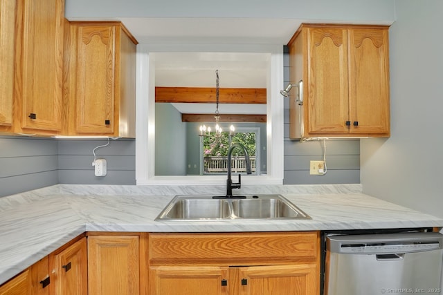 2 Edgehill Ct Unit 2, Woodbury, CT 06798 - kitchen featuring dishwasher, a sink, light countertops, beam ceiling, and a chandelier