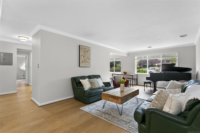 116 Southport Woods Dr, Fairfield, CT 06890 - living area with light wood-style flooring, crown molding, electric panel, and baseboards