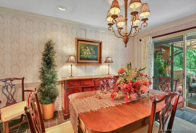 846 Arbutus St, Middletown, CT 06457 - dining space featuring a chandelier, ornamental molding, wallpapered walls, and tile patterned floors