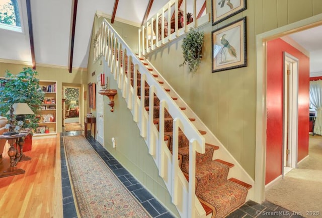 846 Arbutus St, Middletown, CT 06457 - stairway featuring high vaulted ceiling, beam ceiling, and ornamental molding