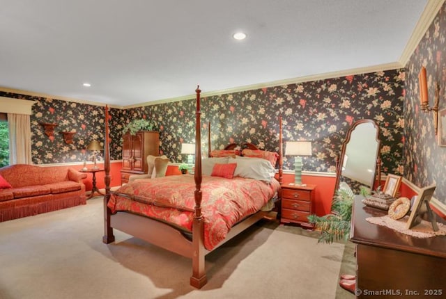 846 Arbutus St, Middletown, CT 06457 - carpeted bedroom featuring wallpapered walls, ornamental molding, and wainscoting