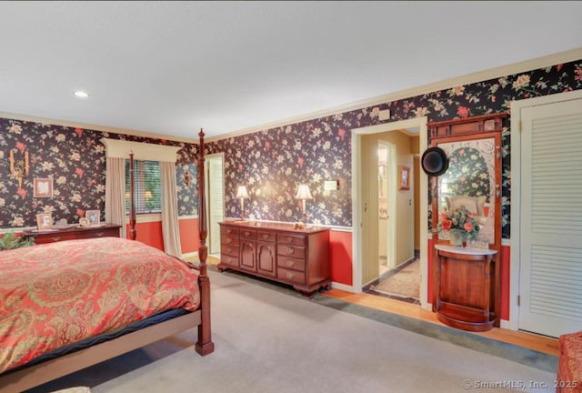 846 Arbutus St, Middletown, CT 06457 - bedroom featuring wallpapered walls, ornamental molding, light colored carpet, and recessed lighting