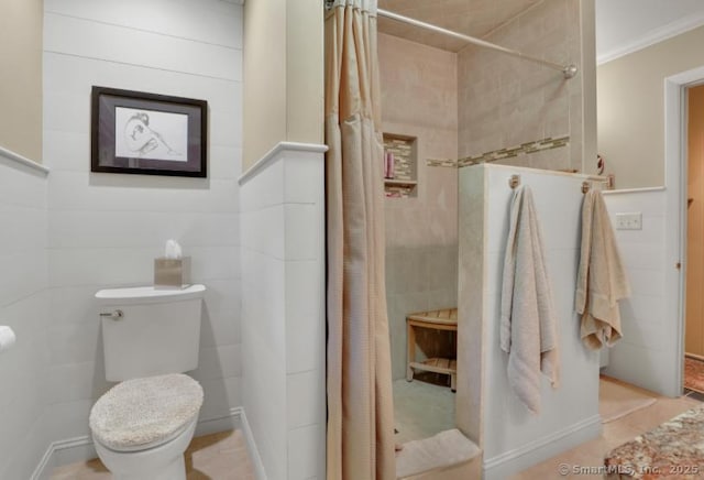 846 Arbutus St, Middletown, CT 06457 - bathroom with tiled shower, crown molding, and tile walls