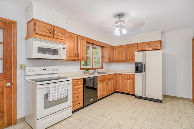 66 Hobby Dr, Ridgefield, CT 06877 - kitchen with white appliances, light countertops, a ceiling fan, a sink, and brown cabinets