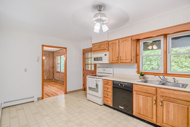 66 Hobby Dr, Ridgefield, CT 06877 - kitchen featuring white appliances, a sink, ceiling fan, and light countertops