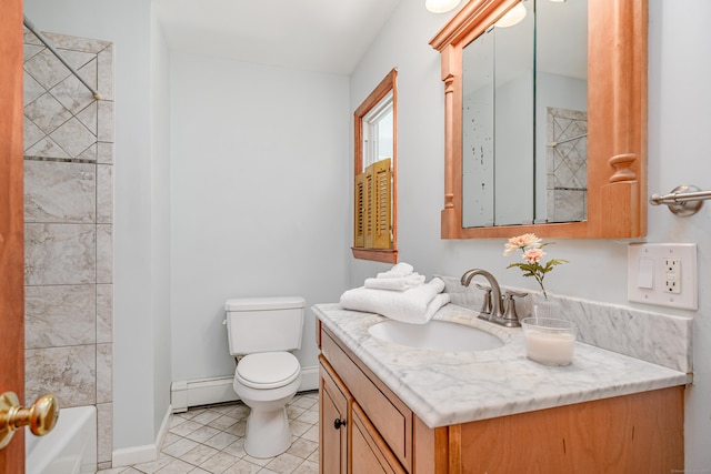66 Hobby Dr, Ridgefield, CT 06877 - bathroom featuring baseboard heating, vanity, toilet, tile patterned floors, and baseboards