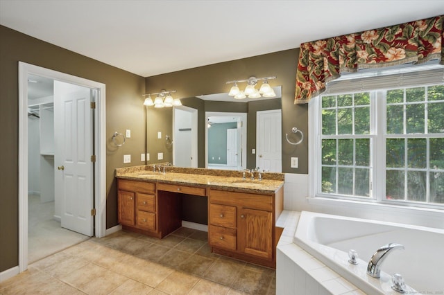 67 Bartman Rd, Haddam, CT 06441 - bathroom featuring double vanity, a bath, tile patterned floors, and a chandelier