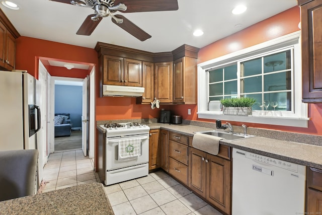 567 Bunker Hill Ave, Waterbury, CT 06708 - kitchen with white appliances, under cabinet range hood, light tile patterned flooring, ceiling fan, and recessed lighting